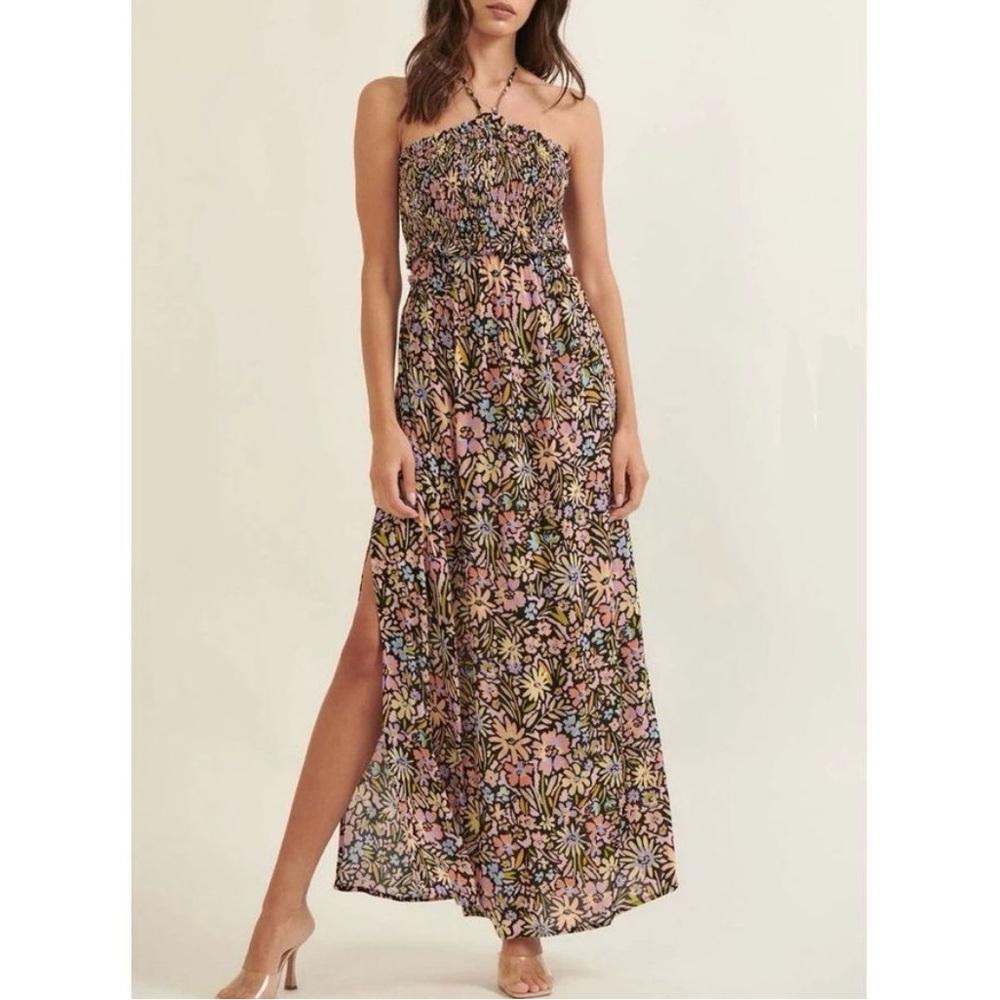 PROMESA flower bomb floral print smocked halter maxi dress black small